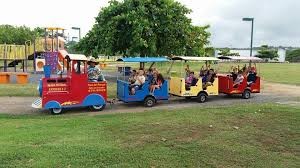 The train for the kids go around the park.