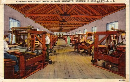 Vintage postcard showing the inside of the weaving shed