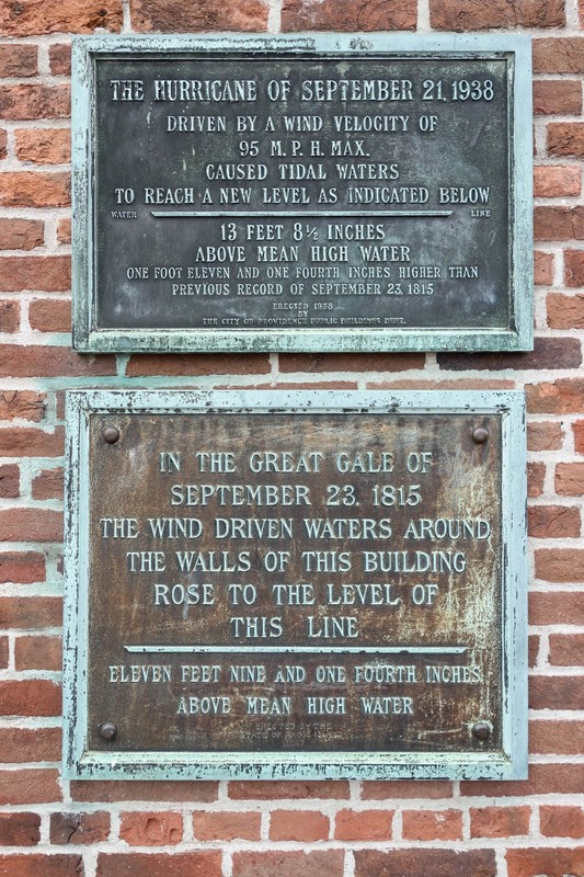 Two watermarks -- noted by two plaques -- denote to significant weather events, of which the Market House survived: a 1938 hurricane and a large storm in 1815. 