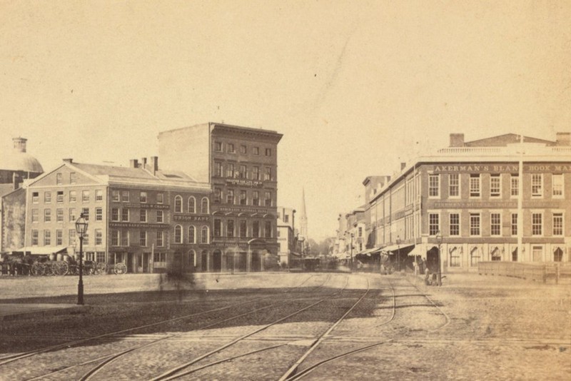 Looking southwest on Westminster Street from the bridge over the Providence River, in 1865. Image courtesy of the New York Public Library.

