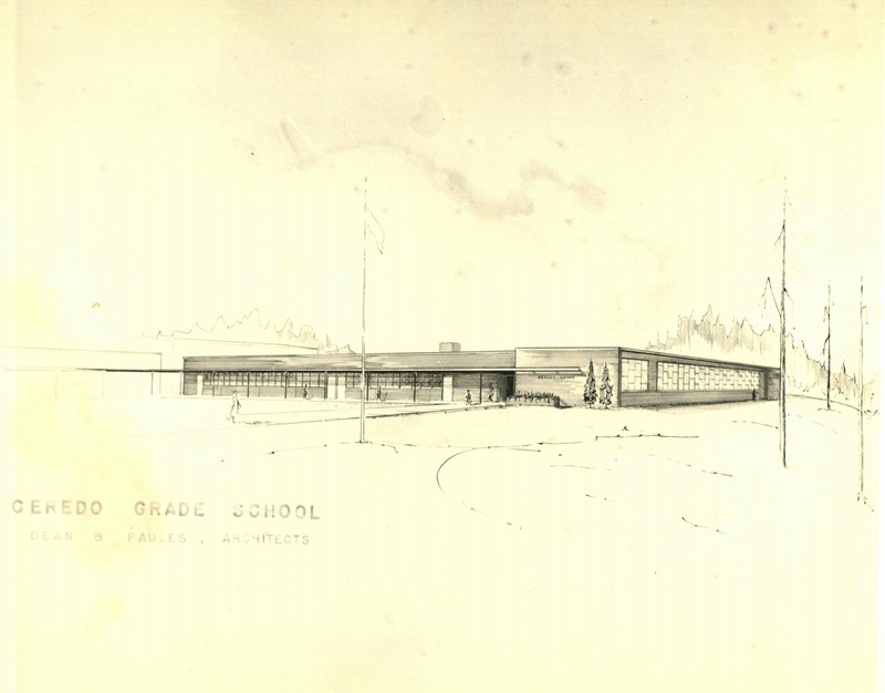 Concept art for the new Ceredo Elementary School building following the 1957 fire. Image courtesy of the Ceredo Historical Society Museum. 