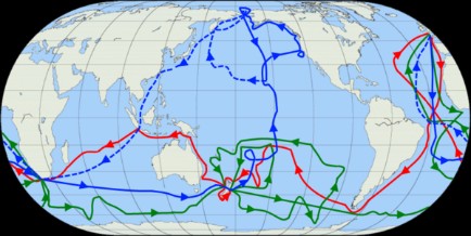 This is the routes of his voyages. The red line represents his first voyage, the green line is his second voyage, and the blue line is his third and final voyage. This map reveals how intelligent Captain Cook was as an explorer and navigator.