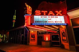 The front of the Stax museum at night