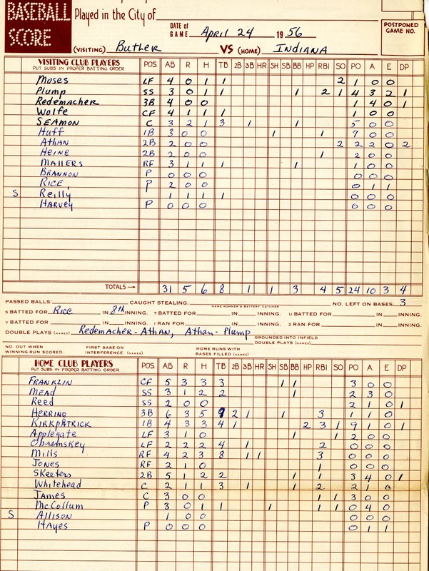 Scorecard from April 24th, 1956 vs. Butler University. Eddie Whitehead went on to play in 12 games in 1956, despite not playing on the team's spring baseball trip. 