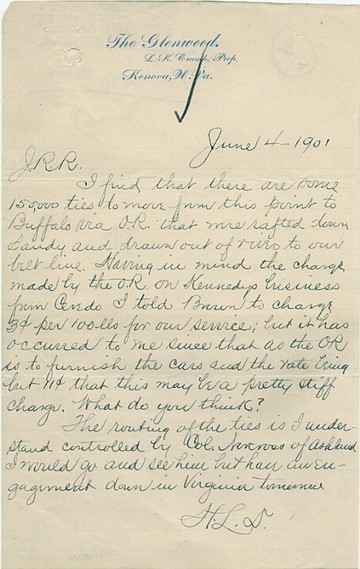 Letter written on Glenwood Hotel stationery, 1901. Image courtesy of the Kenova Historical Commission. 