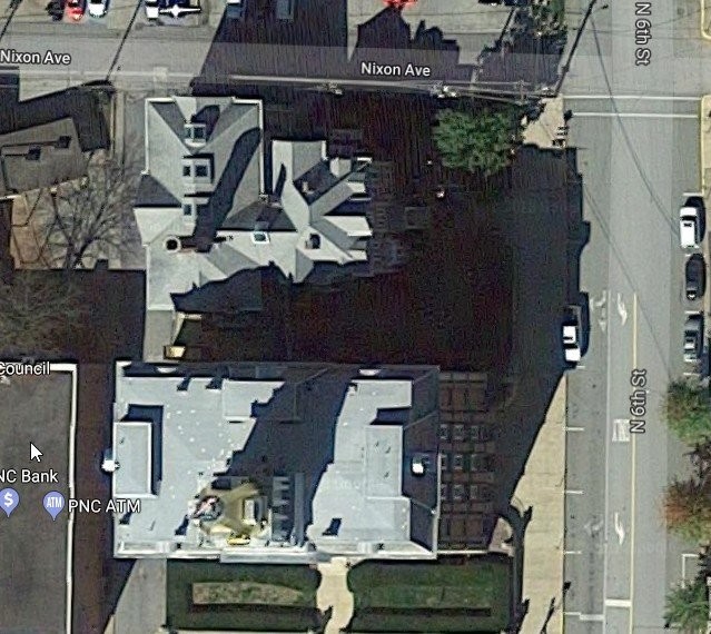 An overhead shot of the Old Indiana Courthouse (bottom) and Old Indiana County Jail and Sheriff's Office.  