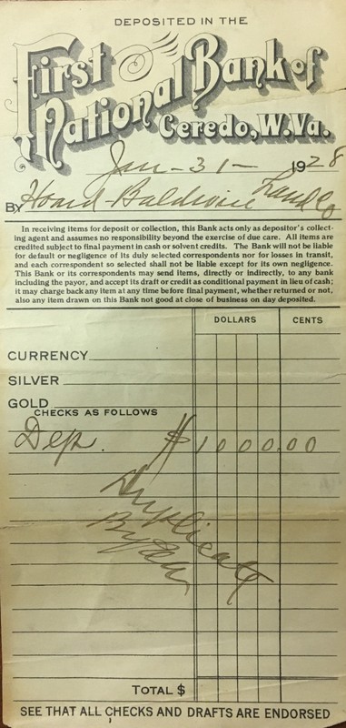 Deposit receipt from the Ceredo Bank, 1928. Courtesy of the Ceredo Historical Society Museum. 