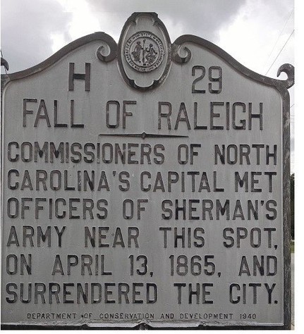 Historical marker indicating the location of the surrender of Raleigh NC. 