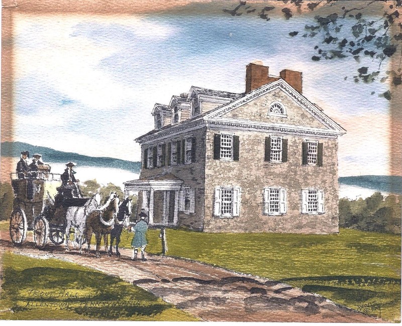 An artist's rendition of Trout Hall during the Colonial Era.  