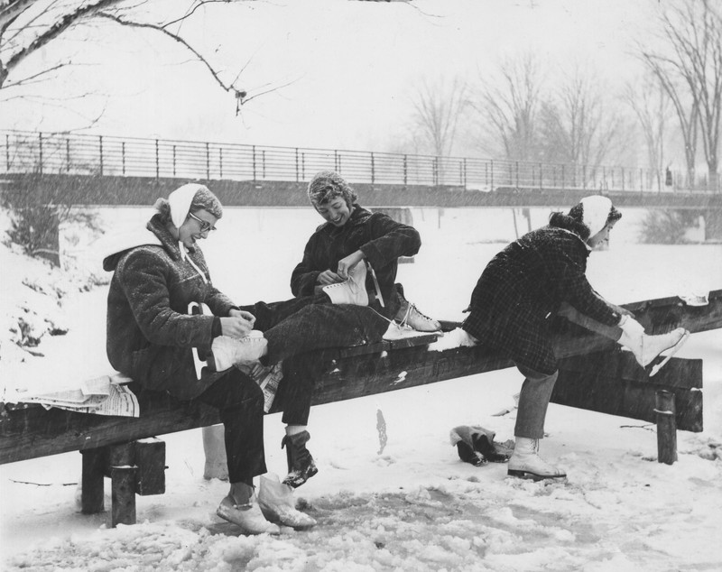 Muskingum students as they prepare to ice skate on the College Lake