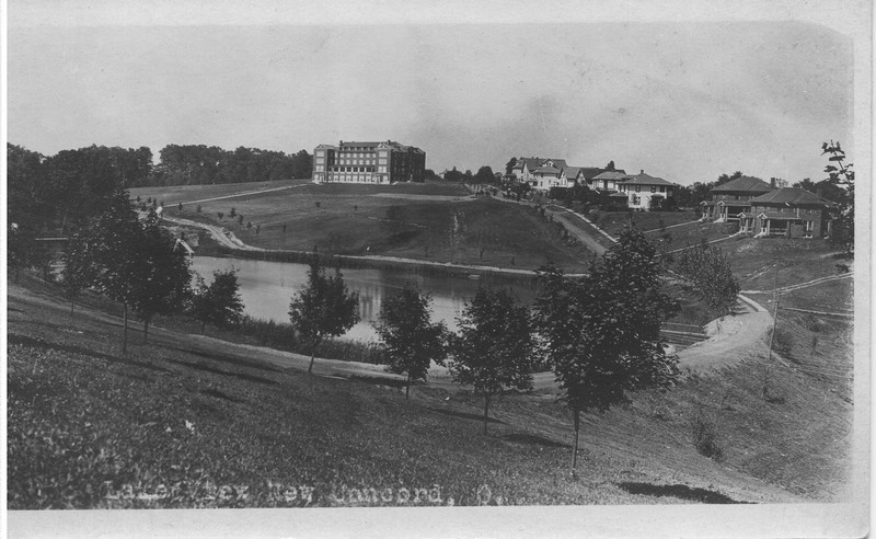 View of the College Lake from the Southeast. Patton Hall, the original women's dormitory, is visible on the hill north of the Lake.