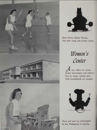 This clipping from a UM yearbook highlights the Center's dual features. Both Physical Education and Home Economics placed an emphasis on health and life skills. (Photo 1954)