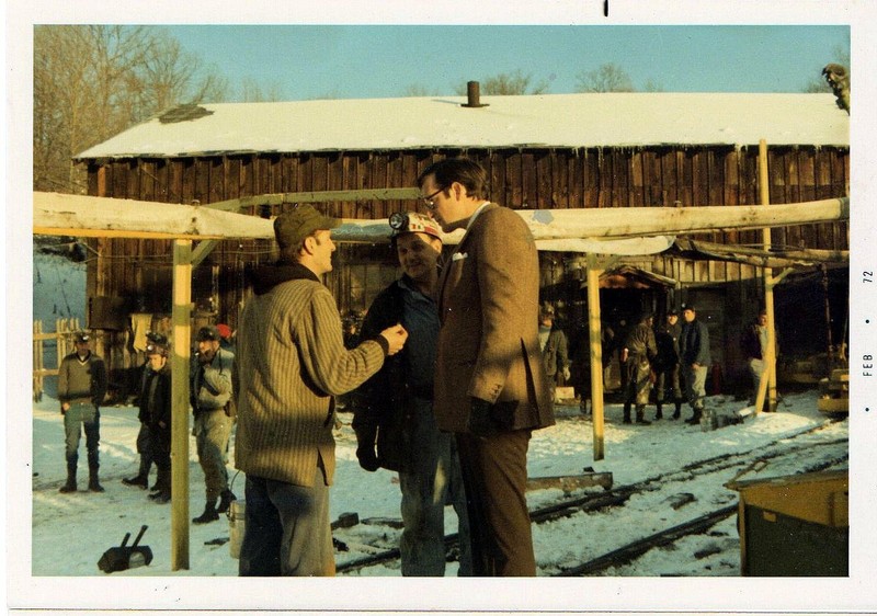 John D. Rockefeller, IV campaigning for governor at Siltex Mine, Mt. Hope, WV 1972. Left to right: Rev. Gene Hall, Adrian Keeney, Jay Rockefeller.