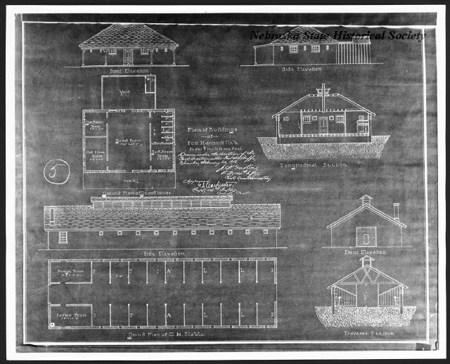 A blueprint of the Fort Hartsuff Guardhouse & Quartermaster Stable 