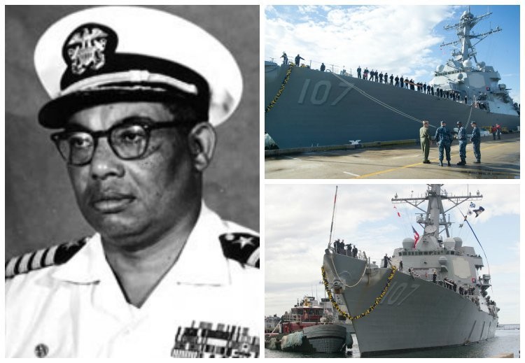 Vice Adm. Gravely is pictured beside the destroyer that, after his passing, was named in his honor as the USS Gravely in a ceremony at Norfolk Naval base.