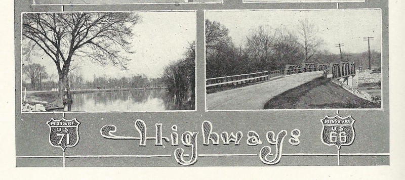 1927 Carthaginian yearbook image showing Spring River and US 66 route through what is now Kellogg Lake Park.