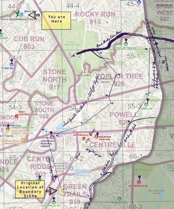 1739 survey overlaid on modern map shows the orignial location of the boundary stone and the Sully Government Center.