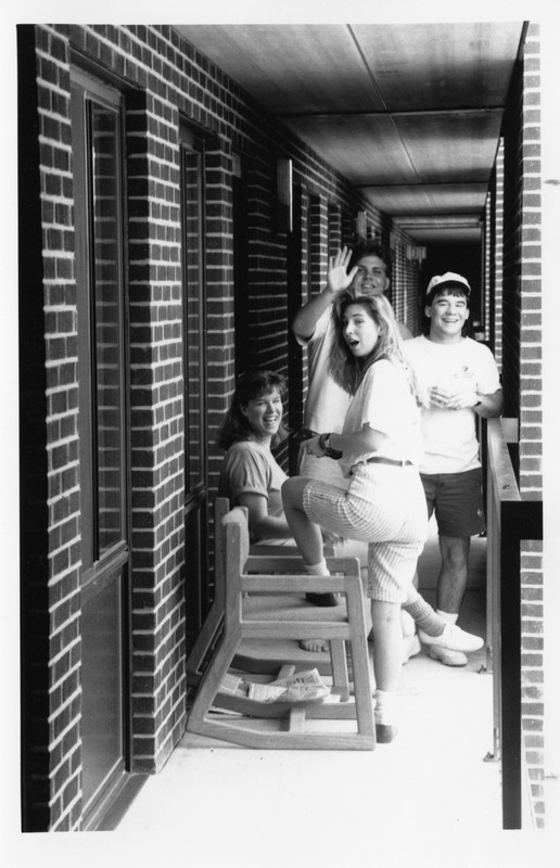 Students socializing outside a St. Martin room, circa 1982