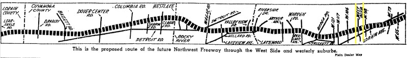 Graphic from the Plain Dealer showing the proposed path of the Northwest Freeway in 1962. West Boulevard is between the yellow lines.
