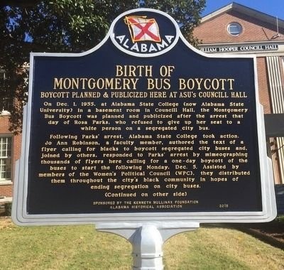 This historical marker was erected in 2015 and emphasizes the role of Jo Ann Robinson in planning the boycott. 