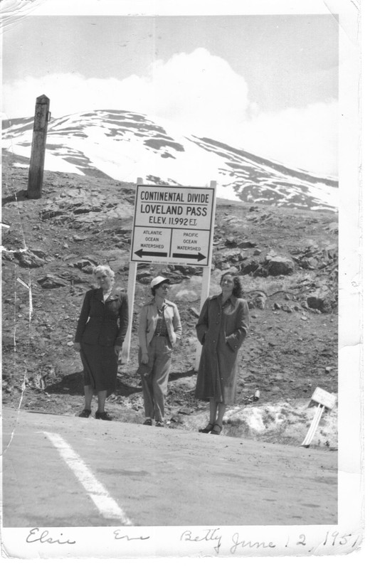 Three Frisco women- Elsie, Eve, and Betty- stand on the Continental Divide at Loveland Pass. Circa 1951. 