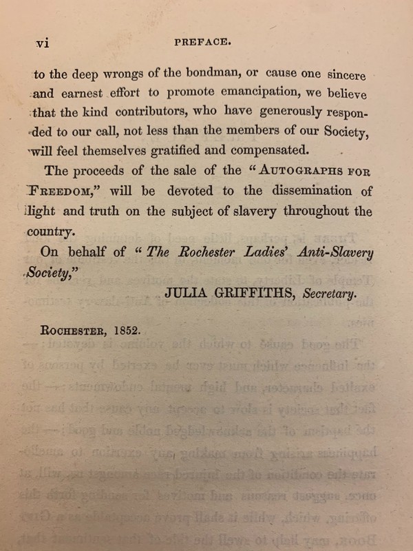 Preface by Julia Griffiths of the Rochester Ladies' Anti-Slavery Society in "Autographs for Freedom." 