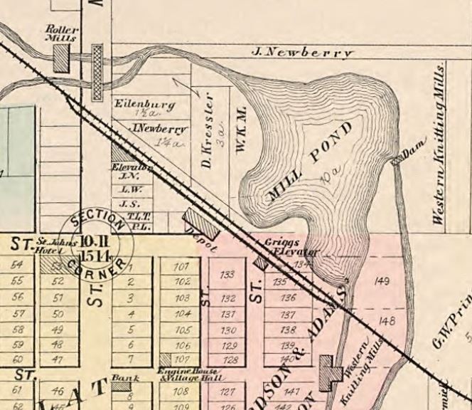 Western Knitting Mills Dam and mill pond area as depicted on 1896 map of Rochester