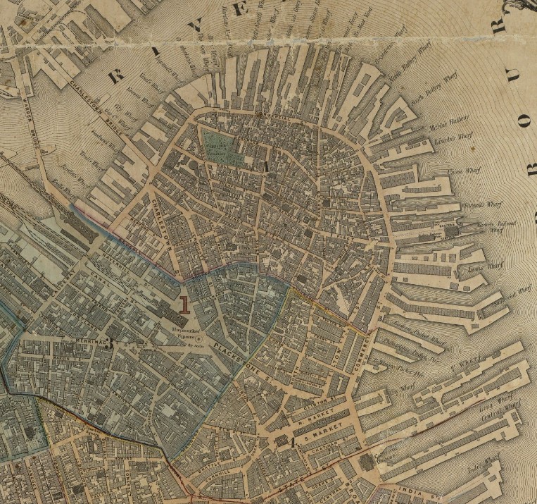 A map of Boston created in 1852 showing the North End's strategic location for trade.
Image source: WikiMedia Commons. Used with permission in public domain.
Image source link:
https://upload.wikimedia.org/wikipedia/commons/1/11/1852_NorthEnd_Bos