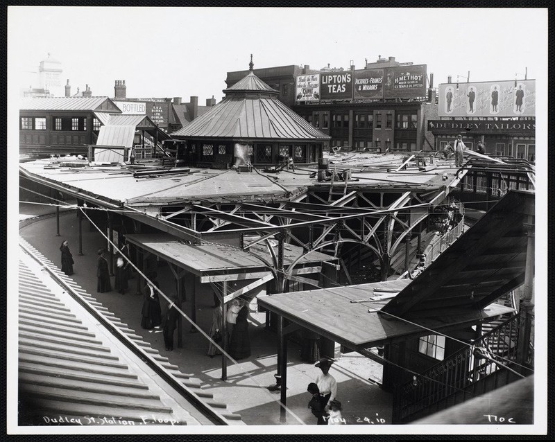 Historical photograph of Dudley Street Station, east loop and platform. Photograph taken May 24, 1910 but photographer is unknown. 
Part of the "Arts in Transit" collection at the Boston Public Library.  Courtesy Creative Commons. 
