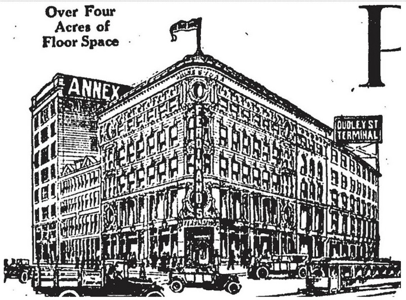 1920s drawing of Ferdinand's Blue Store and its annex.
Note the sign that reads 'Dudley St Terminal' and the one reading 'Annex' which connected the station and the store. Exact origins unknown but Courtesy Creative Commons.