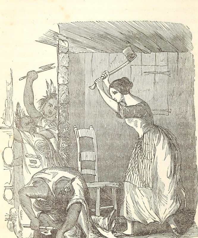 This image depicts Mrs. Bozarth defending her cabin. Most commonly called Elizabeth, some sources refer to her as "Ann" or "Experience" Bozarth.