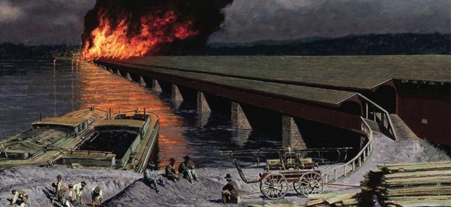 After a series of controlled explosions failed to bring down the bridge, Union troops lit the bridge ablaze. The resulting fire engulfed the mile long oak wood structure, illuminating the night sky in a "red glow' visible up to thirty miles away.