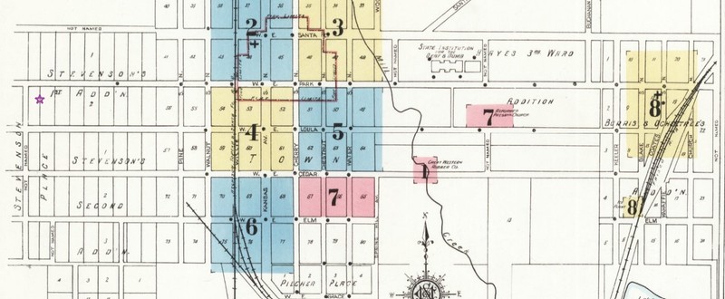 Parker House location (purple star) on 1912 map of Olathe (Sanborn p. 1) 