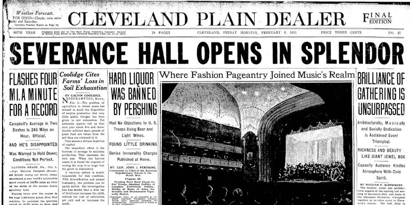 Newspaper headline of Severance Hall's opening