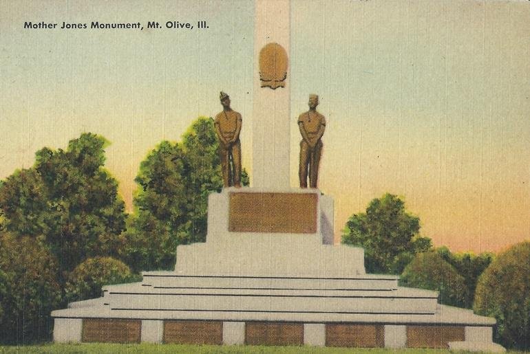 A postcard of the Mother Jones Monument from the 1940s