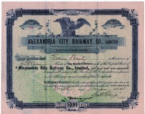 Alexandria City Railway Co. Stock Certificate located in the museum