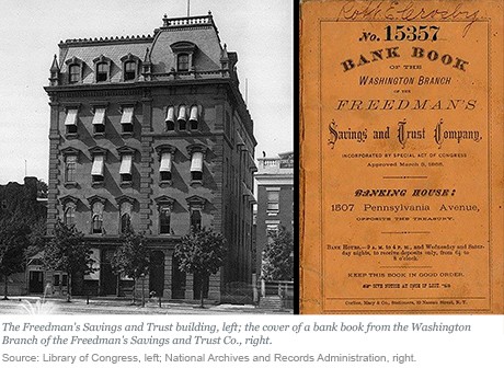 The Freedman's Savings and Trust Building and a cover of a bank book.