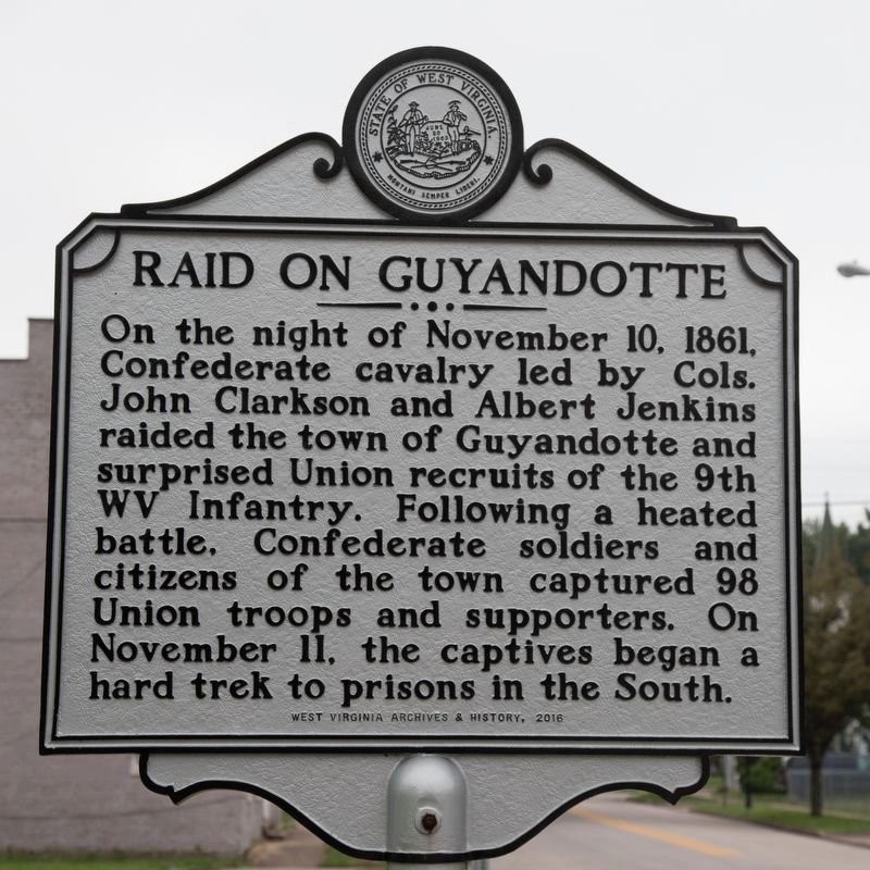 This marker commemorating the Battle of Guyandotte was installed on Main Street by West Virginia Archives & History in 2016. Image obtained from the Historical Marker Database. 