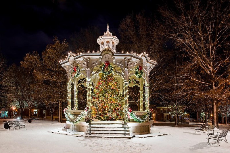 The Medina Gazebo (in the middle of uptown park) lit up in holiday fashion during the winter months.