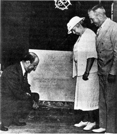 Henry Morgenthau, Secretary of the Treasury (left); Mrs. Helen Wilson (center); and Surgeon General Dr. Thomas Parran laying the cornerstone of Building 1, June 30, 1938.