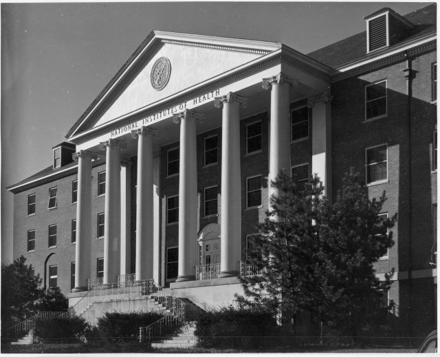 Photograph of Building 1 taken shortly after its completion, ca. 1940-1950. Photographer: Roy Perry.