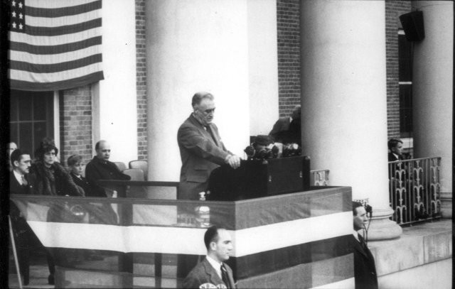 President Franklin Roosevelt delivers a speech dedicating the NIH campus in Bethesda from the portico of Building 1, October 31st, 1940.