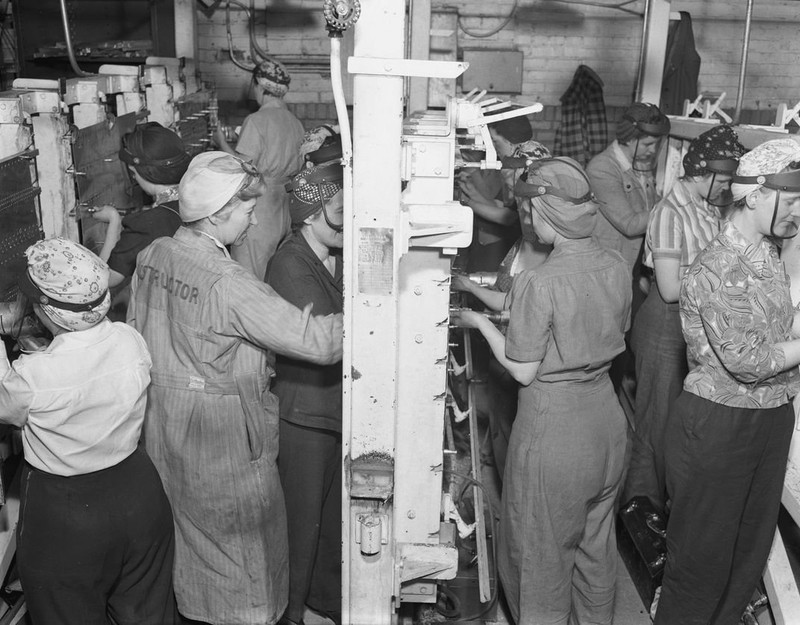 Future "Rosie the Riveters" who worked at NAA-K learn the art of riveting from an instructor at Kansas City's Lathrop Training School.