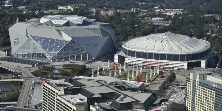 Mercedes-Benz Stadium (left) Georgia dome (right)