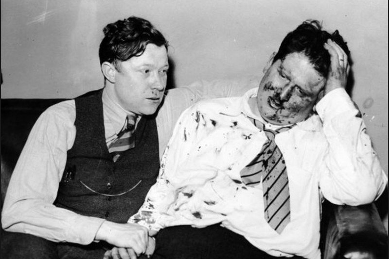 Walter Reuther and Richard Frankensteen after Ford Security guards beat them up for handing out leaflets in regard to the GM Strike in 1937.