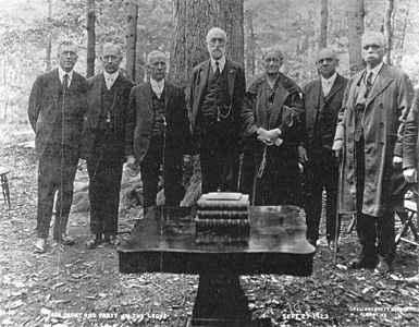 LDS President and Prophet George A. Smith with many of the Apostles in 1920 in the Sacred Grove commemorating the 100th anniversary of The First Vision
