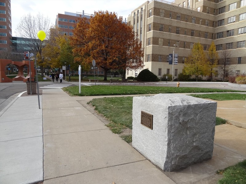 This is where the monument is located ouside of the Fitzsimons army medical Hospital. 