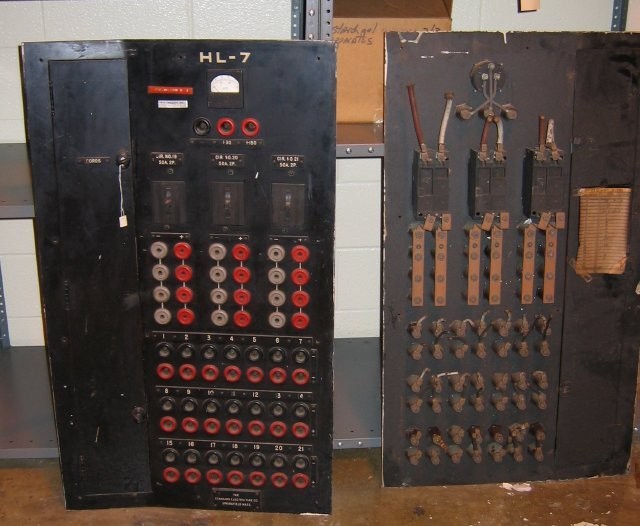 These electrical panels were installed to give researchers better control of electrical equipment in the laboratories.  They allowed for researchers to easily turn on or turn off individual pieces of equipment.