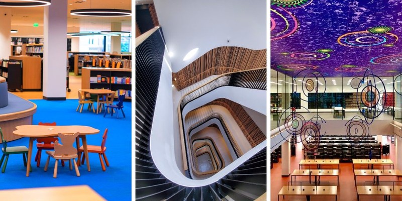 Three side-by-side images of spaces inside MLK library: the first is of a children's library space with small tables and chairs, bright blue carpet, and circular hanging light fixures. The second looks down about 5 stories through the center of a large white and brown spiral staircase. The third image is of a grand reading room with 6 large wooden tables, several bookcases, and a ceiling art installation of bright colored spirals on a bright purple background and crocheted metal concentric rings hanging.