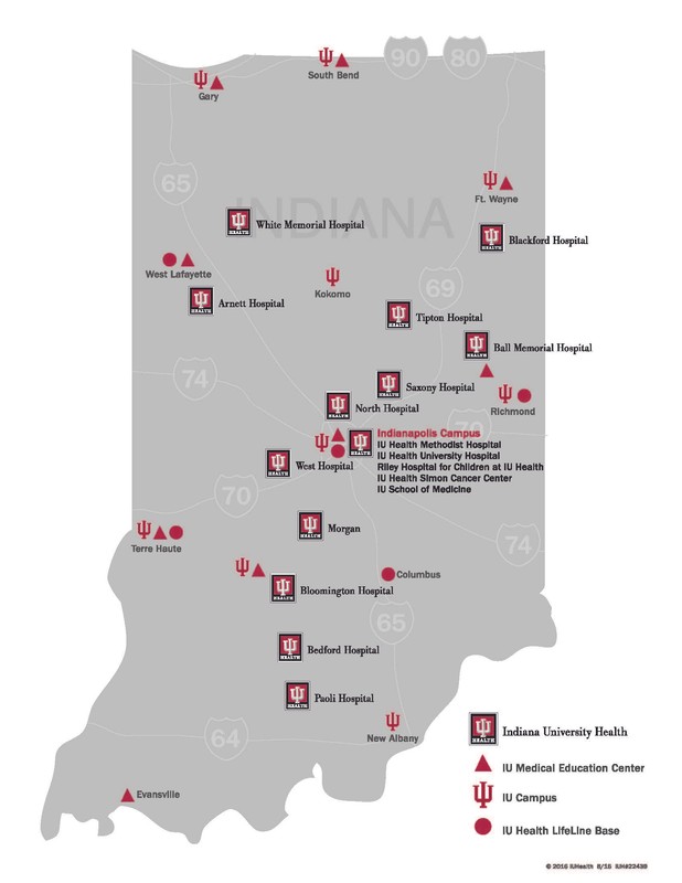 Indiana Map with IU Health locations marked